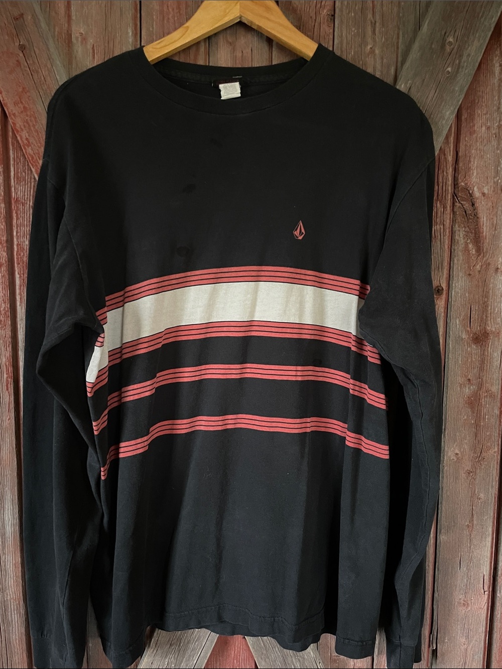 Volcom Black Long Sleeve Crew with Red & White Stripes